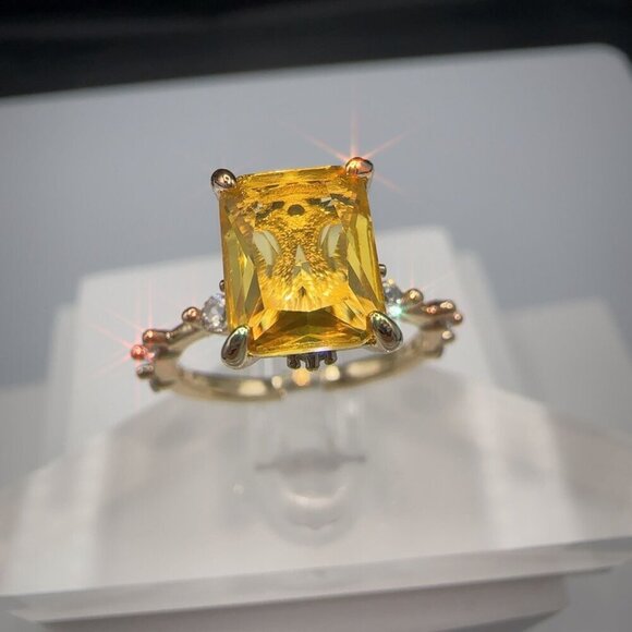 Yellow CZ Radiant Cut Ring Gold Plated Brass Size 7 - Picture 9 of 14